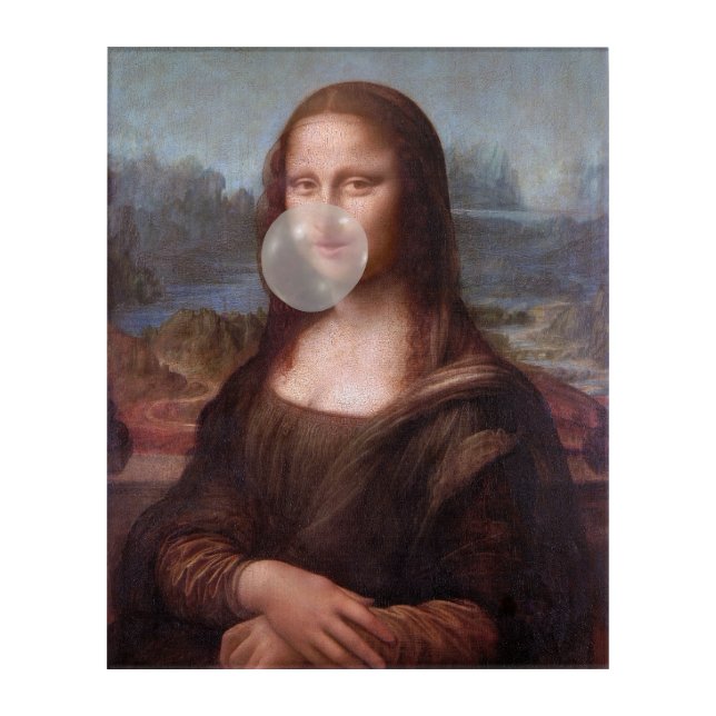 Mona Lisa blowing gray bubble gum Acrylic Print (Front)
