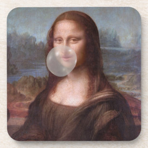 Mona Lisa blowing gray bubble gum Beverage Coaster