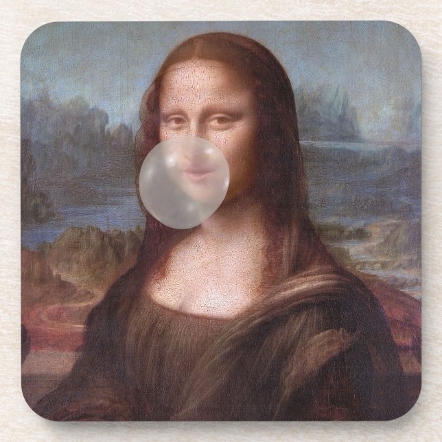 Mona Lisa blowing gray bubble gum Beverage Coaster (Front)