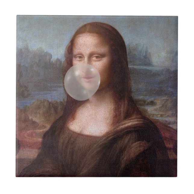 Mona Lisa blowing gray bubble gum Ceramic Tile (Front)