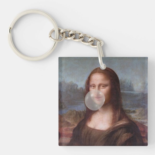 Mona Lisa blowing gray bubble gum Keychain (Front)
