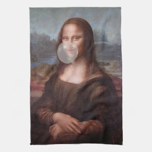 Mona Lisa blowing gray bubble gum Kitchen Towel