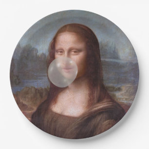 Mona Lisa blowing gray bubble gum Paper Plates