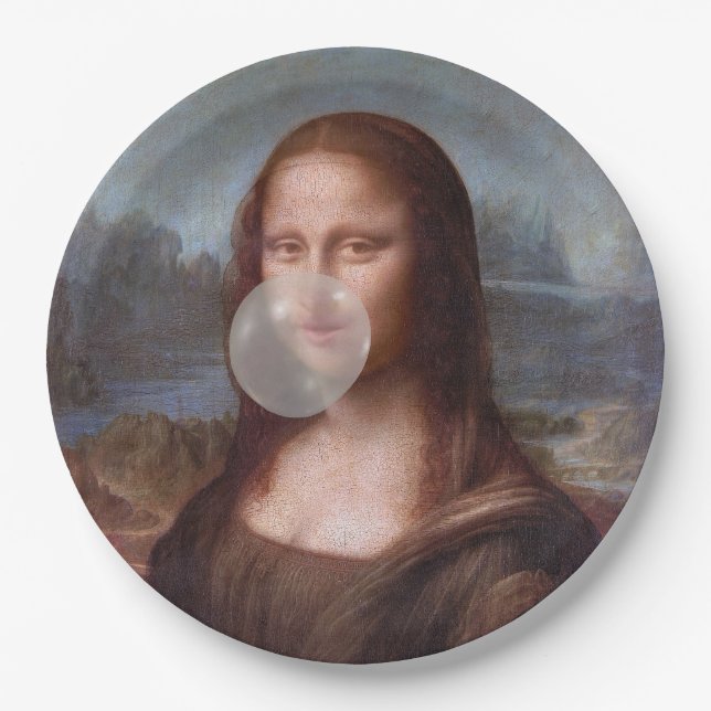 Mona Lisa blowing gray bubble gum Paper Plates (Front)