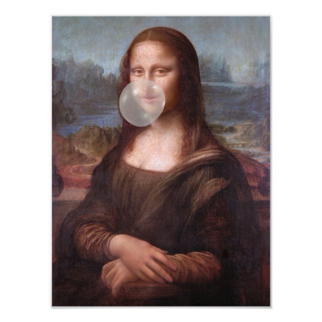Mona Lisa blowing gray bubble gum Photo Print (Front)