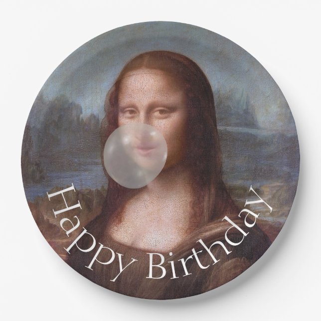 Mona Lisa blowing gum Happy birthday Paper Plates (Front)