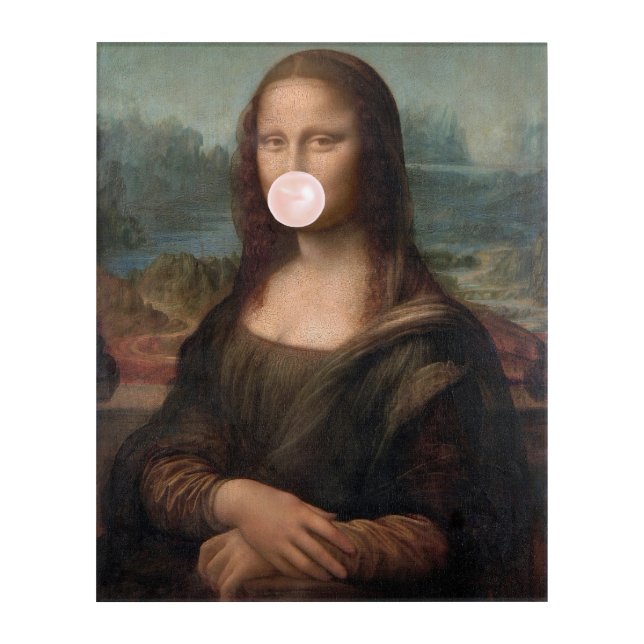 Mona Lisa Blowing Pink Bubble gum   Acrylic Print (Front)