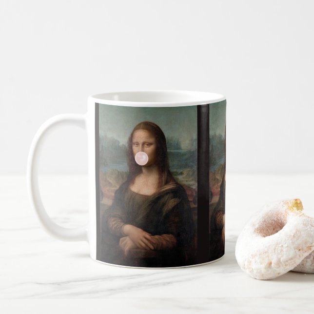 Mona Lisa Blowing Pink Bubble gum  Coffee Mug (With Donut)
