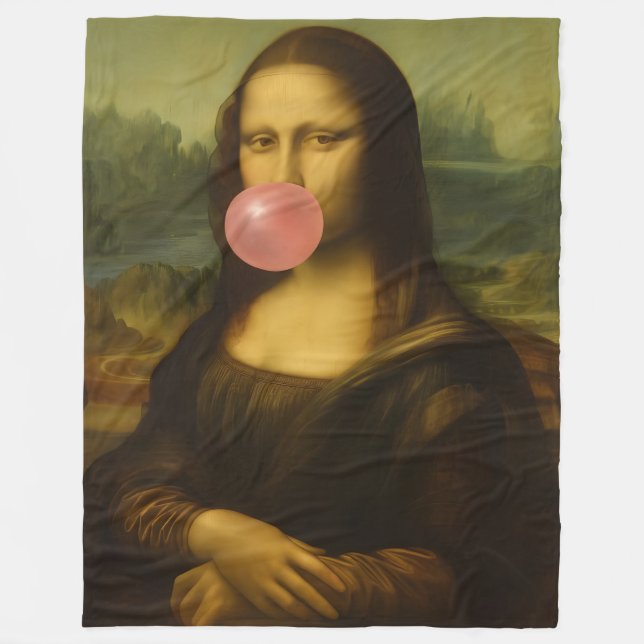 Mona Lisa Blowing Pink Bubble Gum Fleece Blanket (Front)