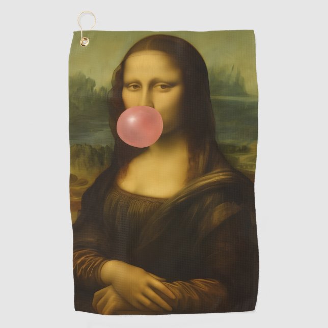 Mona Lisa Blowing Pink Bubble Gum Golf Towel (Front)