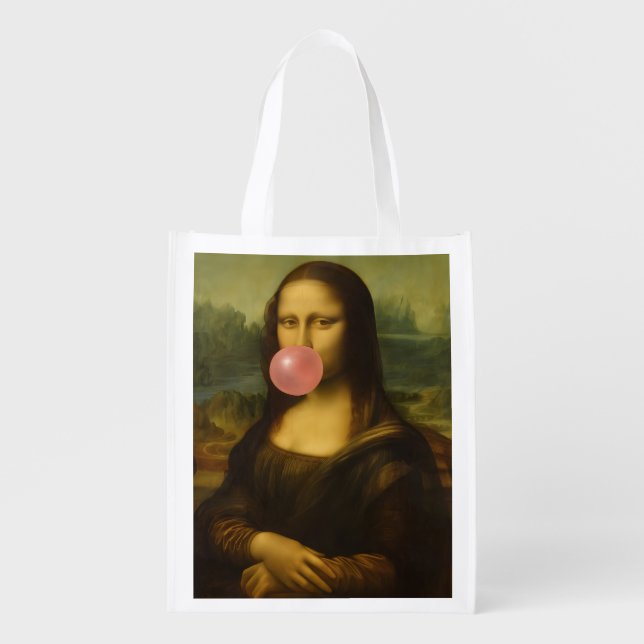 Mona Lisa Blowing Pink Bubble Gum Grocery Bag (Front)