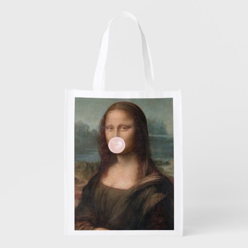 Mona Lisa Blowing Pink Bubble gum  Grocery Bag