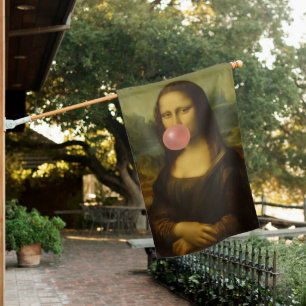 Mona Lisa Blowing Pink Bubble Gum House Flag