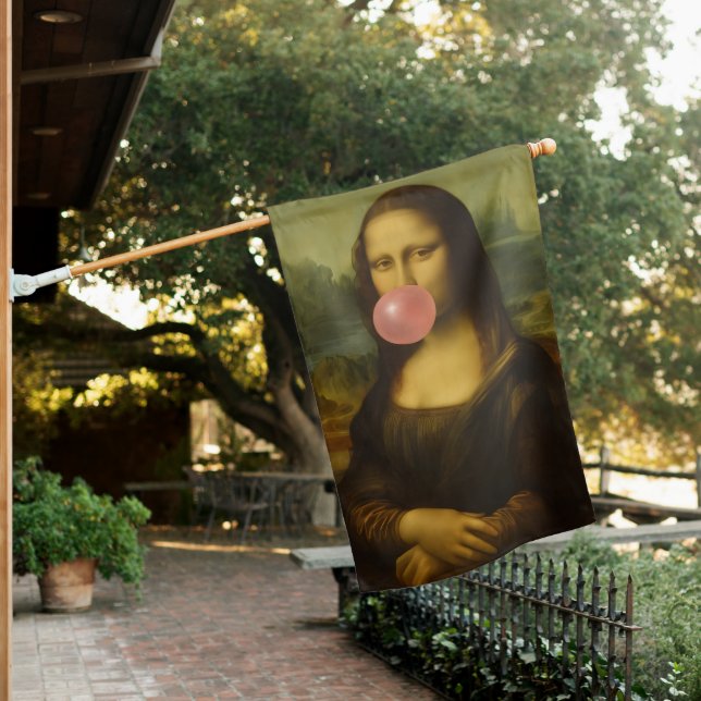 Mona Lisa Blowing Pink Bubble Gum House Flag (In SItu)
