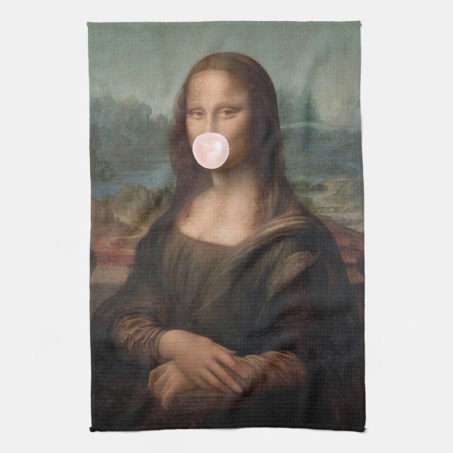 Mona Lisa Blowing Pink Bubble gum   Kitchen Towel (Vertical)