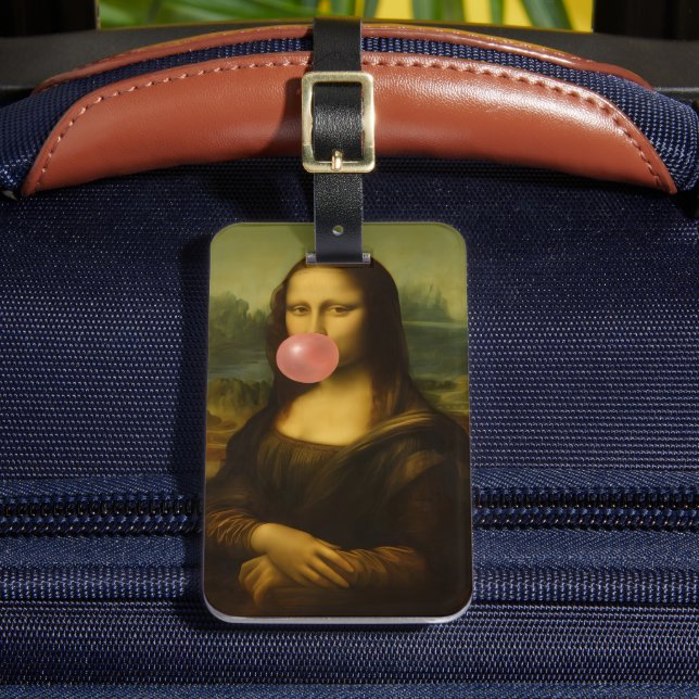 Mona Lisa Blowing Pink Bubble Gum Luggage Tag (Front Insitu 2)
