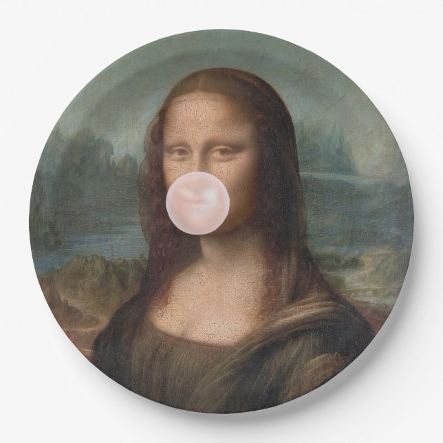 Mona Lisa Blowing Pink Bubble gum  Paper Plates (Front)
