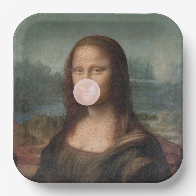 Mona Lisa Blowing Pink Bubble gum  Paper Plates (Front)