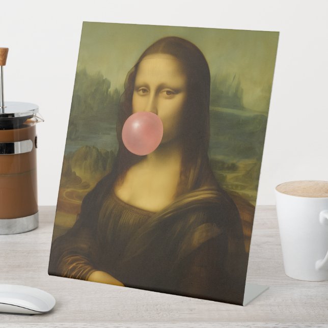 Mona Lisa Blowing Pink Bubble Gum Pedestal Sign (In SItu)