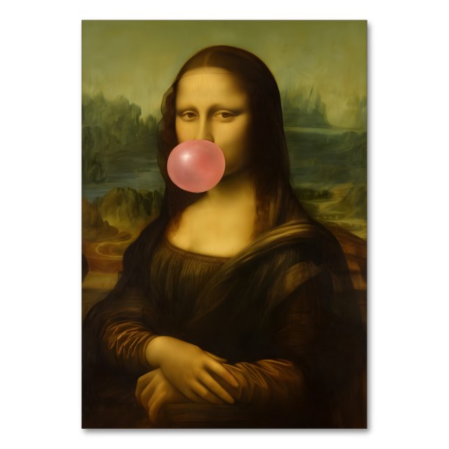 Mona Lisa Blowing Pink Bubble Gum Table Number (Front)