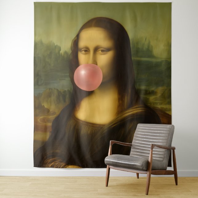 Mona Lisa Blowing Pink Bubble Gum Tapestry (In Situ)