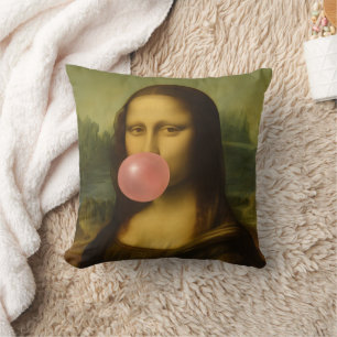 Mona Lisa Blowing Pink Bubble Gum Throw Pillow