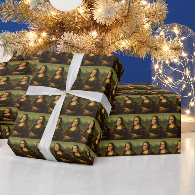 Mona Lisa Blowing Pink Bubble Gum Wrapping Paper (Holidays)
