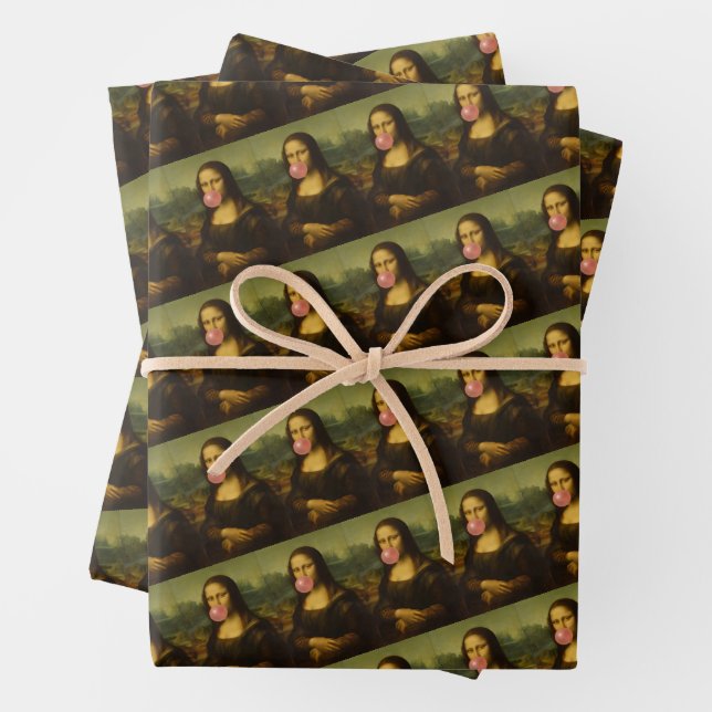 Mona Lisa Blowing Pink Bubble Gum Wrapping Paper Sheets (In situ)