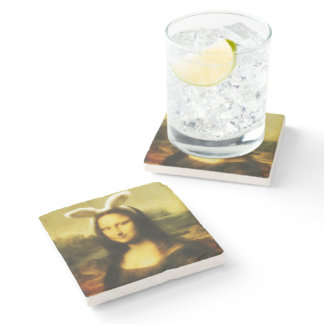 Mona Lisa Bunny Ears Easter Stone Coaster