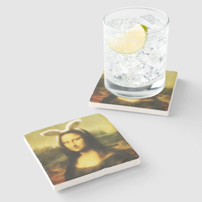 Mona Lisa Bunny Ears Easter Stone Coaster (Side)