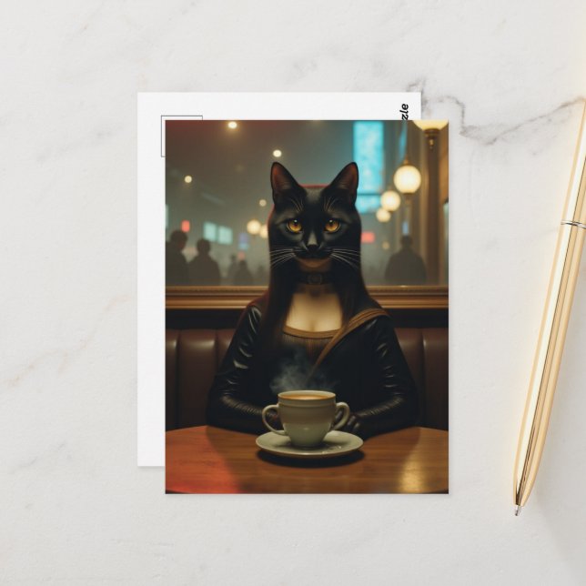 Mona Lisa Cat in a Coffee shop Postcard (Front/Back In Situ)