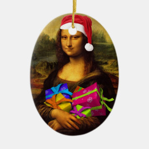 Mona Lisa Comes As Santa Claus Ceramic Ornament