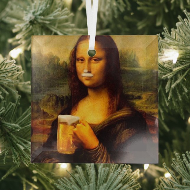 Mona Lisa drinking beer, Beer lover  Glass Ornament (Insitu)