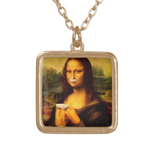 Mona Lisa drinking beer Beer lovers  Gold Plated Necklace