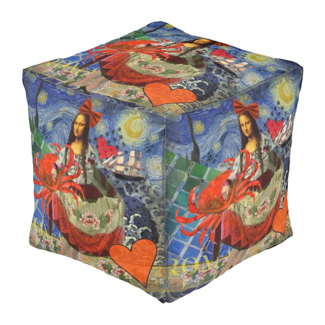 Mona Lisa Fun Zodiac Whimsical  Pouf (Angled Front)
