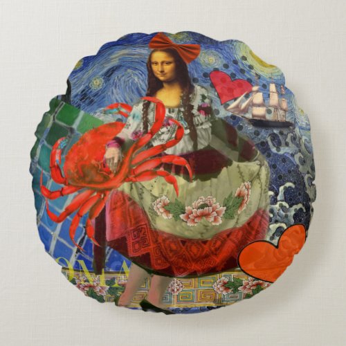 Mona Lisa Fun Zodiac Whimsical  Round Pillow