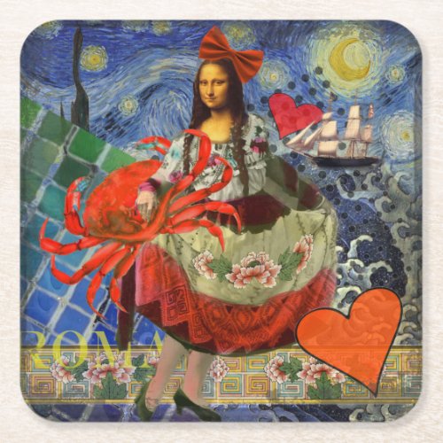 Mona Lisa Fun Zodiac Whimsical  Square Paper Coaster