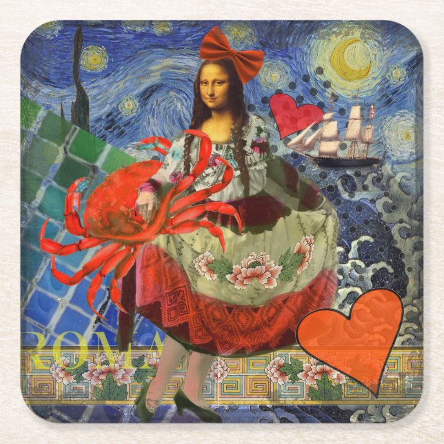 Mona Lisa Fun Zodiac Whimsical  Square Paper Coaster (Front)