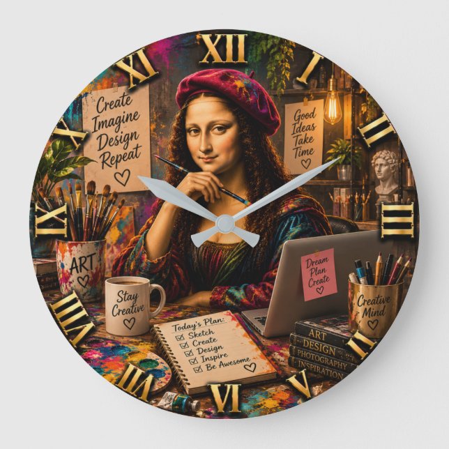 Mona Lisa Graphic Designer Funny Creative Studio Large Clock (Front)