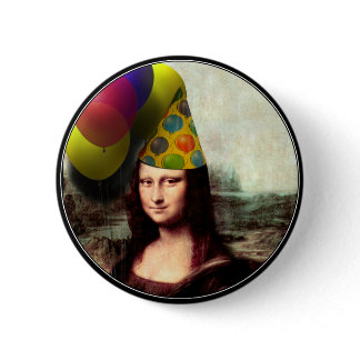 Mona Lisa Happy Birthday Party Hat Button