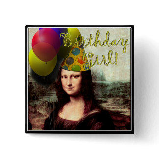 Mona Lisa Happy Birthday Party Hat Button