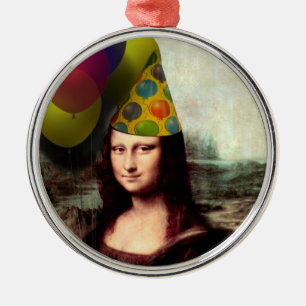 Mona Lisa Happy Birthday Party Hat Metal Ornament