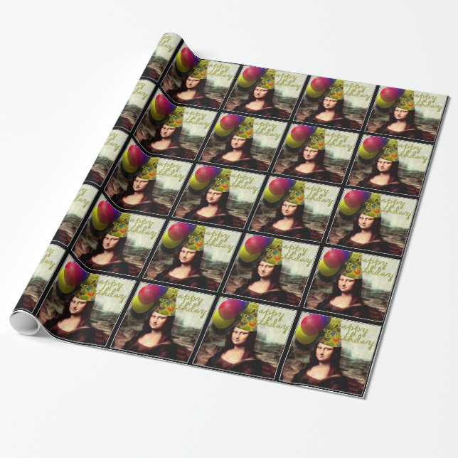 Mona Lisa Happy Birthday Party Hat Wrapping Paper (Unrolled)