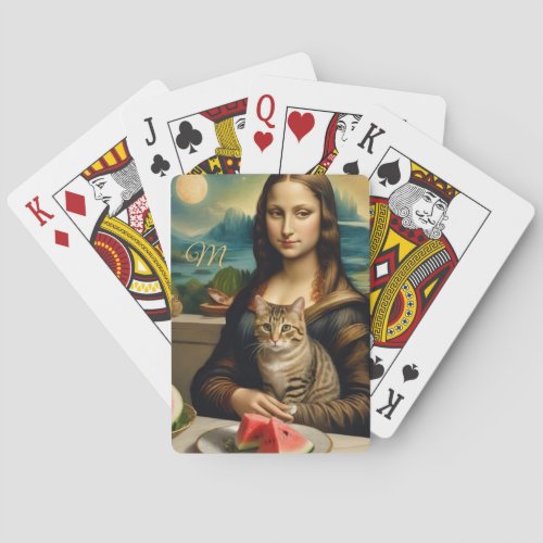 Mona Lisa &her cat  -  monogram  Poker Cards