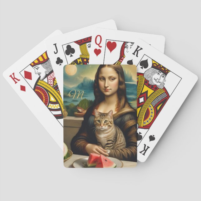 Mona Lisa &her cat  -  monogram  Poker Cards (Back)