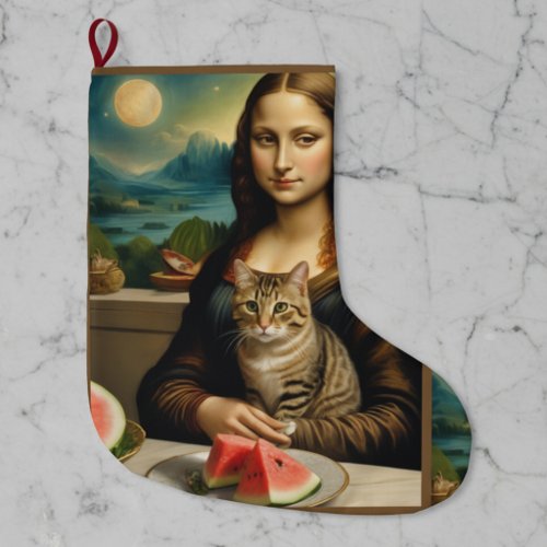 Mona Lisa &her cat - Summer vibes \ Large Christmas Stocking