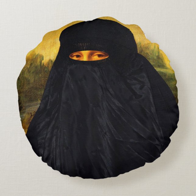 Mona Lisa Hidden Behind Burqa Round Pillow (Back)