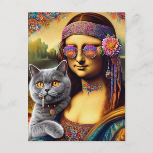 Mona Lisa Hippie Smoking Grey Cat Postcard (Front)