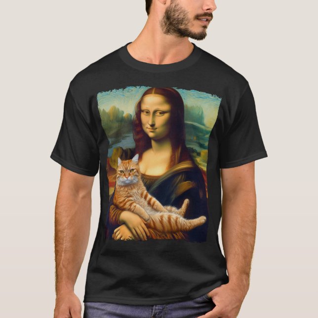 Mona Lisa Holding Cat Kitty Cats Lover Cat Dad Mom T-Shirt (Front)