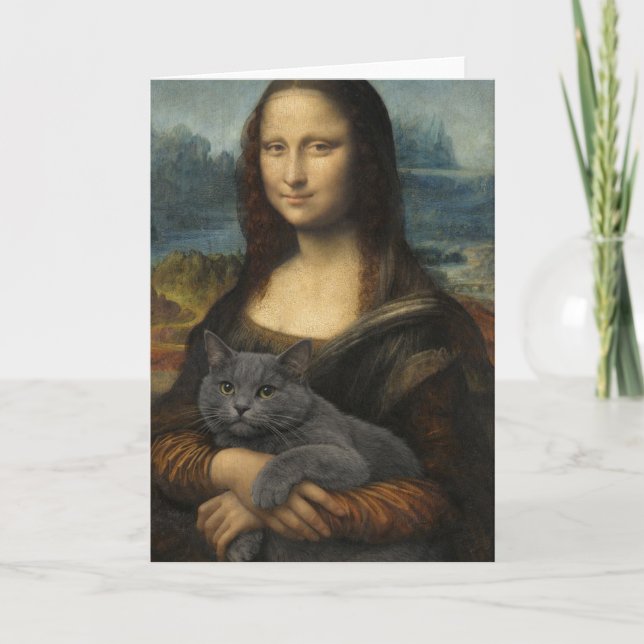 Mona Lisa Holding Elegant Gray Cat                 Card (Front)